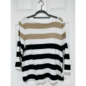 Women's Charter Club Cotton Black White Tan Stripe Top Boatneck XXL 3/4 sleeve